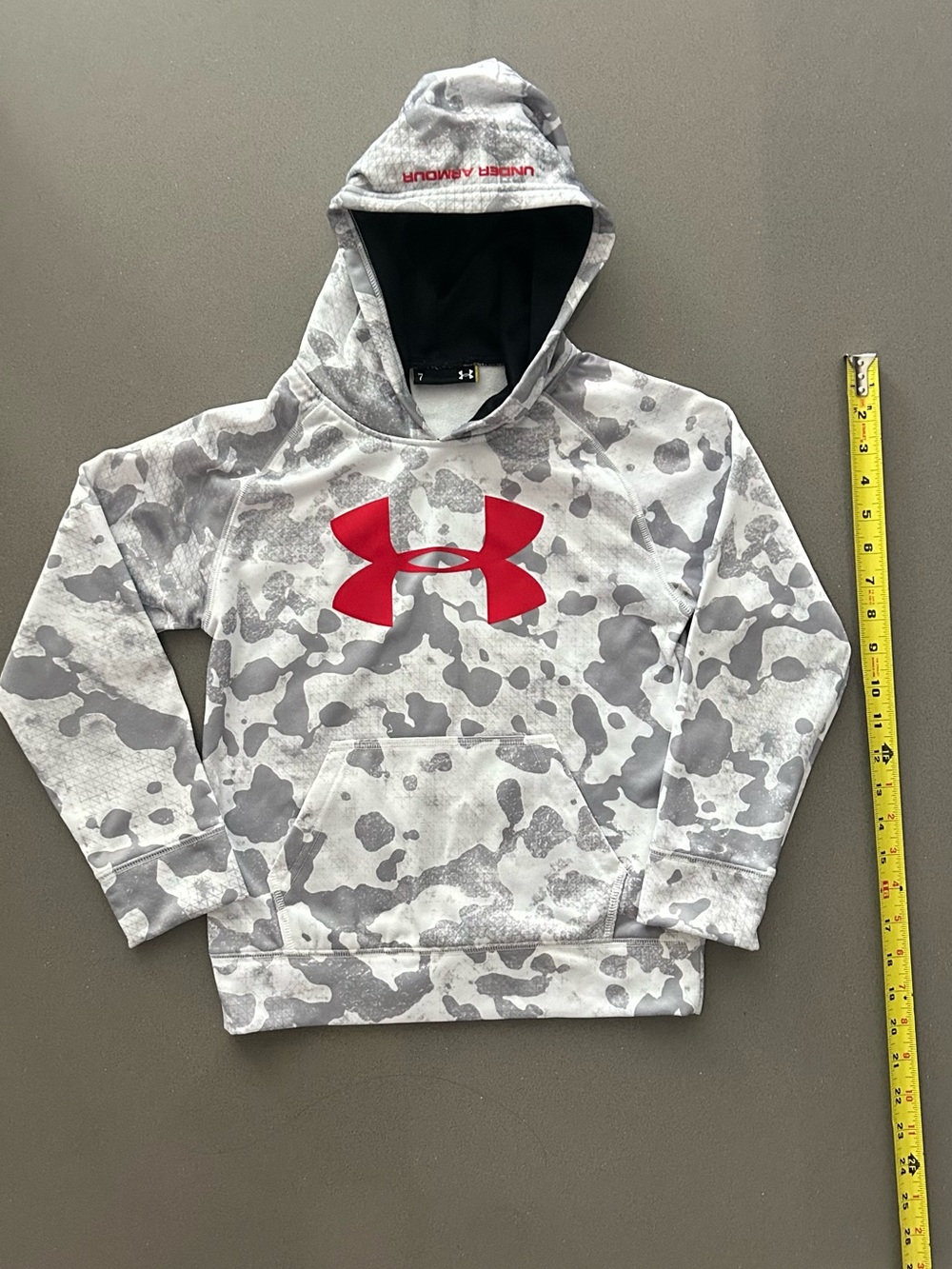 Under Armour Kids' Gray Camo Hoodie with Red Logo size 7..